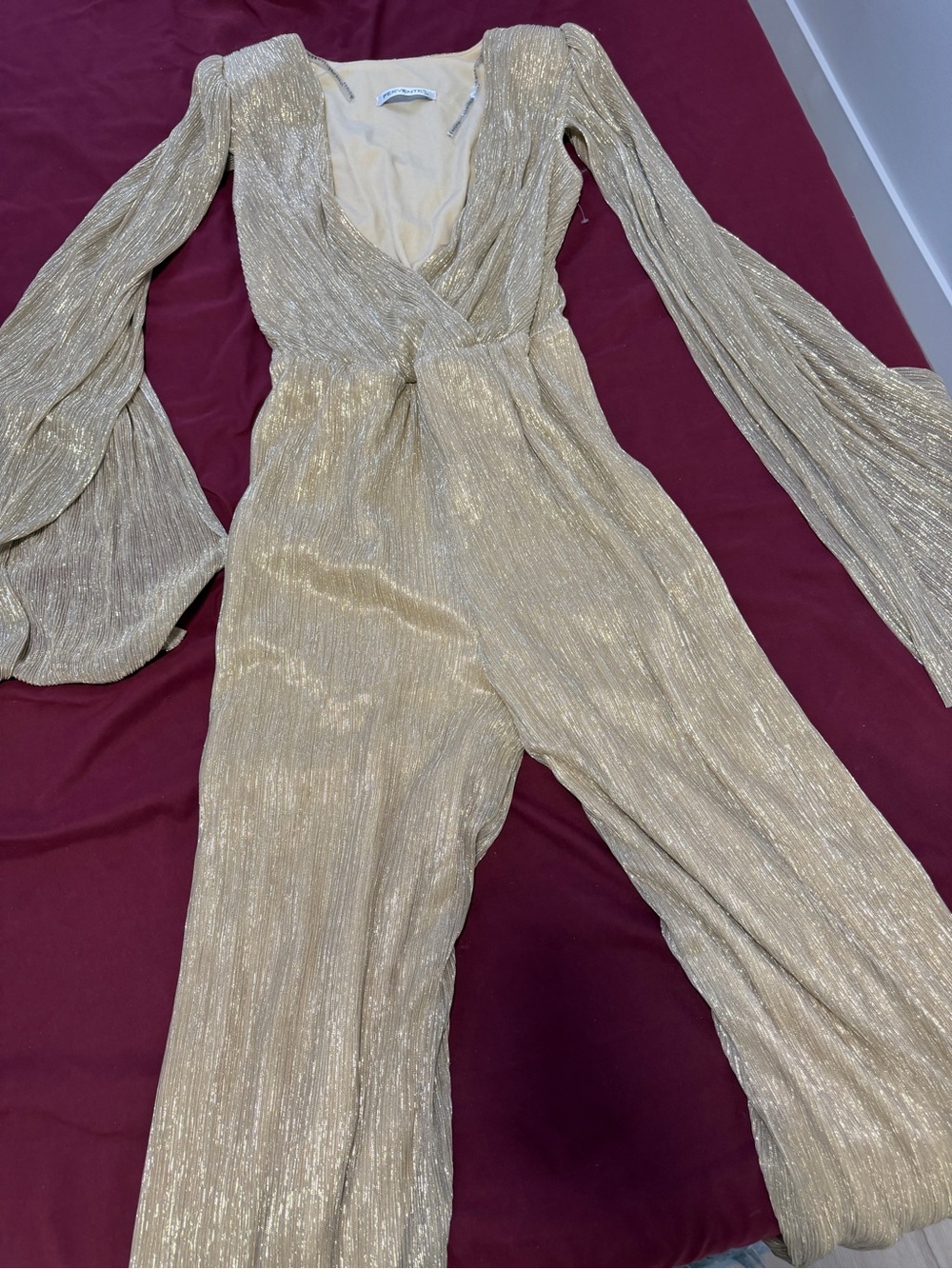 Shimmery Gold Long-Sleeve Wrap Jumpsuit